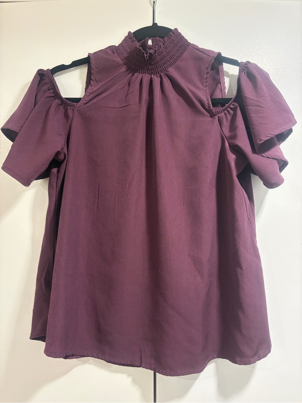 Almost Famous Plum Cold-Shoulder Smocked Neck Blouse